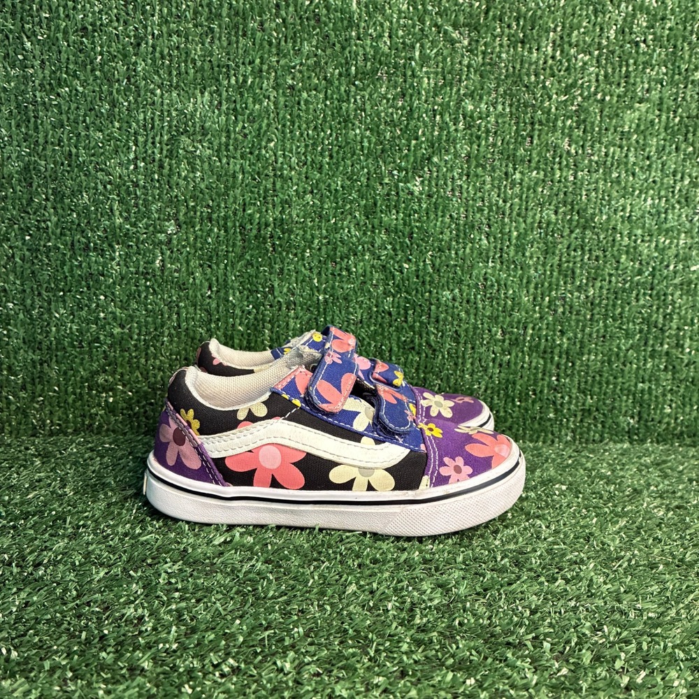 Vans Old Skool V Floral Print Hook Loop Skate Shoes Purple Toddler Girls Size 9